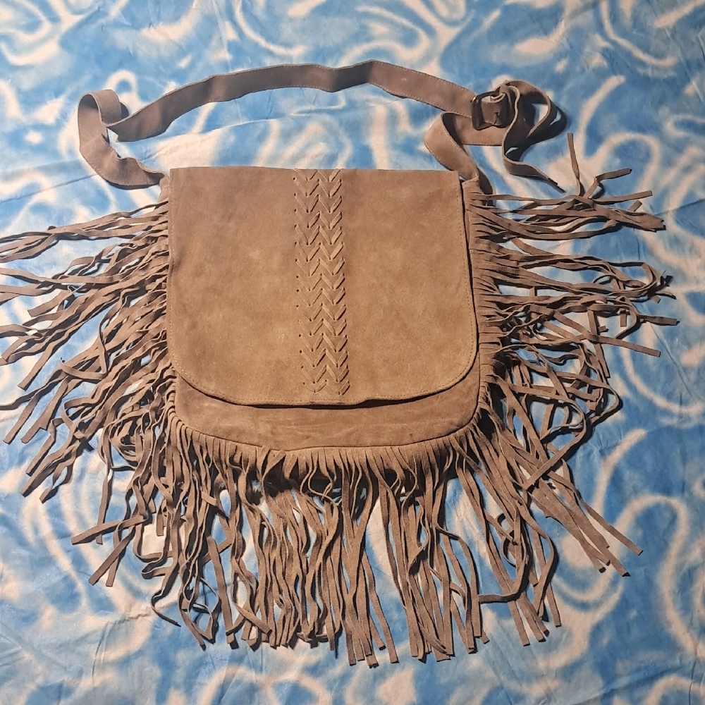 Raj Suede Leather Crossbody Bag - Tan w/ Fringes.
